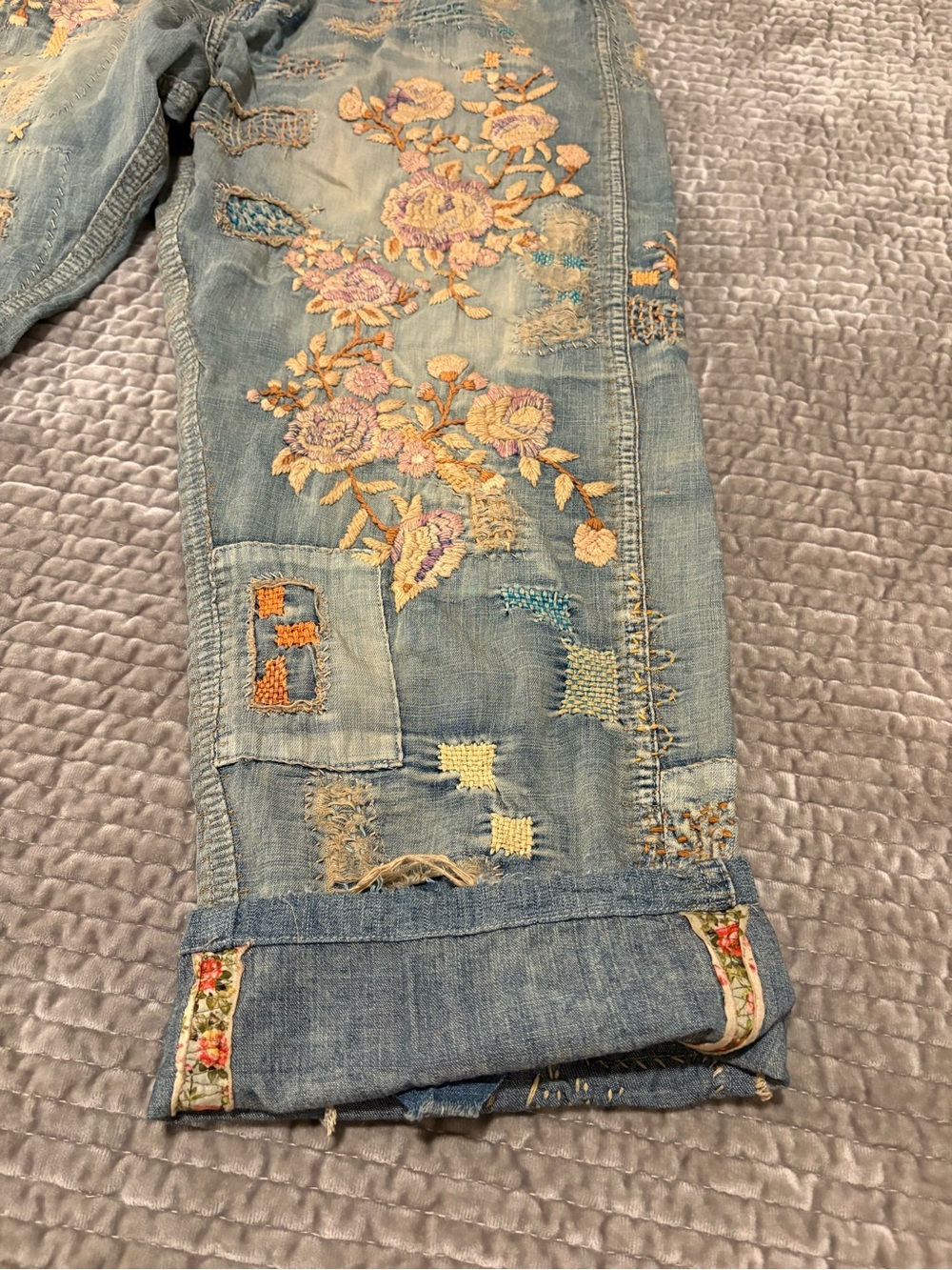 Magnolia Pearl Embroidered Patchwork Blue Jeans with Pink & Cream Florals - Picture 13 of 16